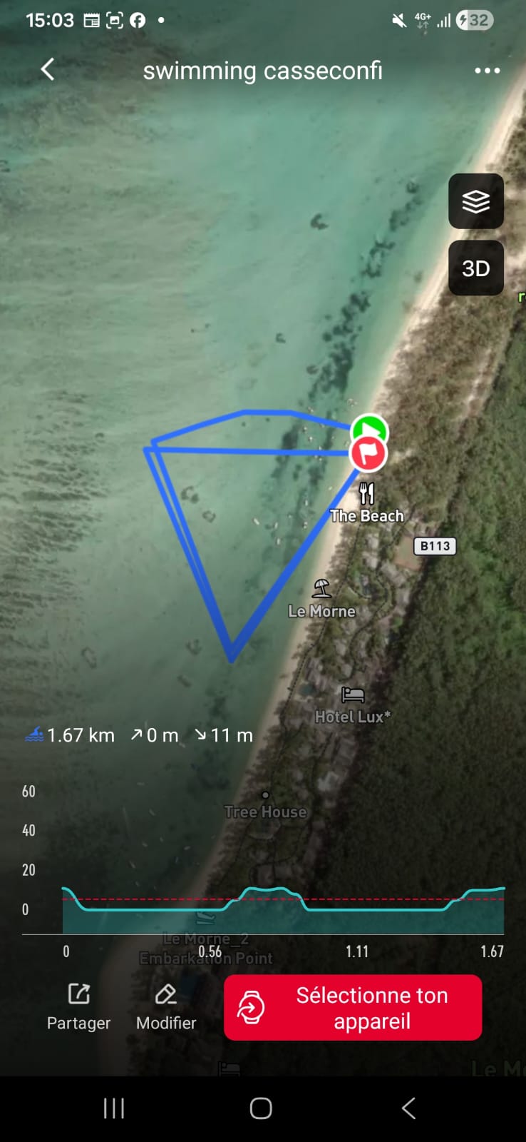 Carte du parcours natation dans le lagon du Morne